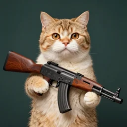 a cat holding a aka 47