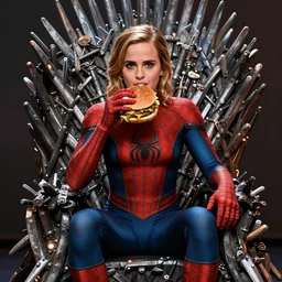 emma watson in a spiderman suit sitting on the iron throne, eating a hamburger, by samdoesarts and rossdraws, 4 k, highly detailed