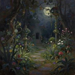 a gorgeous, fantastic, magic night garden landscape by michael kidd, trending on artstation, deviantart, oil on canvas, unreal engine 5, muted color tones, darker, low contrast