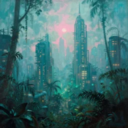 impressionist painting of a high - tech jungle city, volumetric light, foggy, moody, kodak photography, slow shutter speed, cyan and pink light