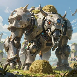 an intricate concept art, fantasy, man in a large mechanical haystack biomes, megafauna, low - angle, close up shot, ultra photorealistic, ultra sharp, artstation, cgsociety, masterpiece, anime colors, by ivan talavera, by wlop, octane render, 8 k