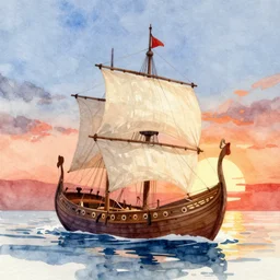 Watercolor illustration of a viking ship against the sunset