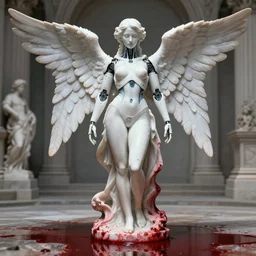 puddles of blood, a statue made of white marble covered in blood, of an gorgeous futuristic cybernetic angel girl, prostheses, transhumanism, full body shot, perfect symmetrical body, perfect symmetrical face, hyper realistic, hyper detailed, by johannen voss, by peter kemp, by monia merlo, by michelangelo, octane render, blender, 8 k