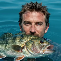 bradley cooper, 8 k, portrait, detailed face, swimming, big bass fishing, fish market, fish face, scales, mix between bradley cooper and a fish, grouper fish