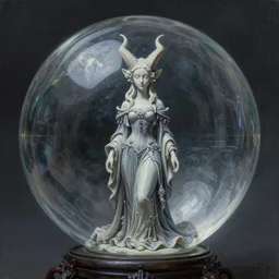 By Tom Bagshaw, ultra realist soft painting render of a beautiful face horned single porcelain female in long curvy gothic dress looking inside a floating transparent glass sphere, reflection and refraction, symmetry accurate features, very intricate details, deep fog, dark fantasy background, artstation