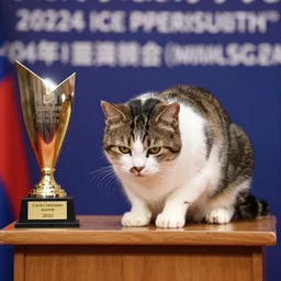 calico cat at a jeopardy podium ashamed of its low score, award winning photo