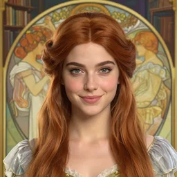 close up portrait, friendly jessica lowndes princess mage, abstract library background, alphonse mucha, rhads, ross tran, artstation, artgerm, octane render, 1 6 k