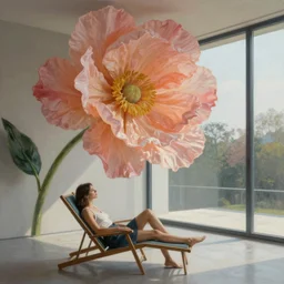closeup, huge flower over head, woman sitting on lounge chair by a modern window, surreal photography, studio light, impressionist painting, digital painting, artstation, simon stalenhag