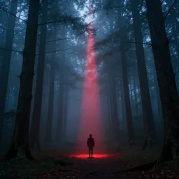 red alert in the blue forest, atmospheric, mysterious, mist, high detail, concept art, by syd mead and roger deakins