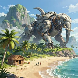 an intricate concept art, fantasy, beach behind mountains, with coconut trees, surfing shack, a large mechanical biomes, megafauna, ultra photorealistic, ultra sharp, artstation, cgsociety, masterpiece, anime colors, by ivan talavera, by wlop, octane render, 8 k