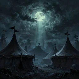 a fantasy matte painting of dark evil circus tents silhouetted by an evil dramatic sky, tim burton, world of warcraft, league of legends