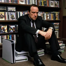 michael corleone, dejected, sitting on a pile of xbox consoles, in front of a shelf of video game cd