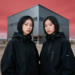 cinestill 5 0 d closeup photographic portrait of two clones in front of a brutalist metal building, techwear women, on a desolate plain with a red sky, black oversized clothes, depth of field, 4 k, 8 k, hd, full color