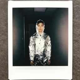 polaroid, man standing wrapped in aluminum foil, dark hallway
