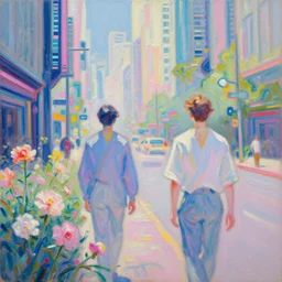 acrylic painting, impressionism and expressionism, strong emotional impact, bold pastel colors, expressive brushstrokes, overall sense of movement in the composition. an art deco cyberpunk streetscape lined with beautiful flowers, by liam wong and tyler edlin, trending on artstation