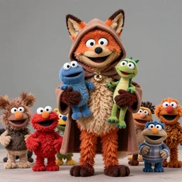 a large fluffy muppet fox wearing a hooded cloak holding a small muppet manatee in one arm and a muppet dinosaur cat in the other arm with a small herd of random muppet animals following behind, sesame street, photograph, photography, ultrarealistic, national geographic
