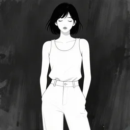 portrait of a girl in long pants and a top, hands in pockets, eyes closed, bob haircut, digital art, black and white, simple, lineart
