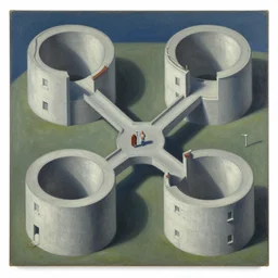 3 d cutaway view of a cardiovascular network of tunnels connecting round concrete domiciles, by grant wood, pj crook, edward hopper, oil on canvas