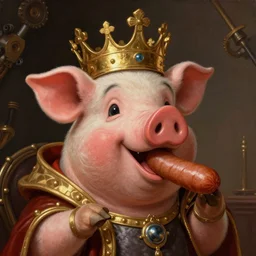 smiling pig wearing gold crown eating sausage link, Realistic, Regal, Refined, Detailed Digital Art, Michael Cheval, Walt Disney (1937), François Boucher, Oil Painting, Steampunk, Highly Detailed, Cinematic Lighting, Unreal Engine, 8k