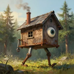 a walking wood and metal house with two mechanical legs and one big eye, smoky chimney, rust, hyperrealistic, highly detailed, cinematic, single ray of sun, morning, pareidolia, dynamic composition, gravity falls style, ghibli style, beautiful, pine trees in the background, cgssociety, artstation, 8 k, oil painting, digital art