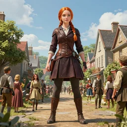 Giant Katniss Everdeen stands next to a town, surrounded by people, unreal render, lightroom, trending on ArtStation, Gulliver's Travels