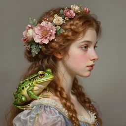 hyperdetailed fantasy profile portrait of a realistic princess and the frog, floral hair, by greg rutkowski, highly detailed, digital painting, artstation, smooth, sharp focus, artstation hq. intricate, elegant, vray render, by alex ross, wlop, artgerm, ayami kojima, dan mumford, alphonse mucha