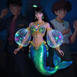 professionally painted realistic blacklight colorful, anime merman with a snake body, wearing an elegant peacock top, with large transparent bubble sleeves, golden jewelry and gems everywhere, art by yuji ikehata and satoshi kon, background art by miyazaki, proper human proportions