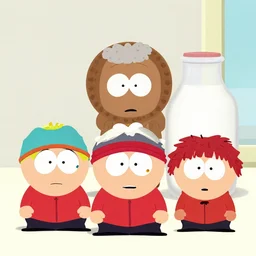 milk - chan and ike from south park and stewie from family guy and bobby from bobby's world all sitting at the dinner table. in the style of the last supper by ruan jia fenghua zhong, ryohei hase, ismail inceoglu
