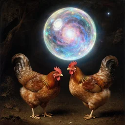 a chicken next to a levitating iridescent luminescent orb, nebula, by jan van eyck