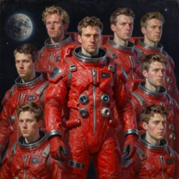 futuristic space explorer portraits. red astronaut suit. oil painting. unreal engine, artstation. craig mullins, ilya kuvshinov, greg rutkowski, artgem, dan mumford, josan gonzalez, victo ngai