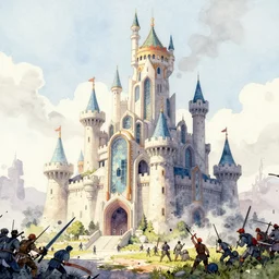 a watercolor ink painting of a futuristic castle in the middle of a siege in the style of syd mead in the style of jean giraud trending on artstation deviantart pinterest detailed realistic hd 8 k high resolution