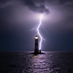 A lighthouse in the middle of an ocean, illuminated by a lightning bolt on a dark stormy night
