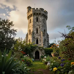 Photograph of the abandoned wizard\'s tower in the overgrown garden. Unknown F64 photographer..