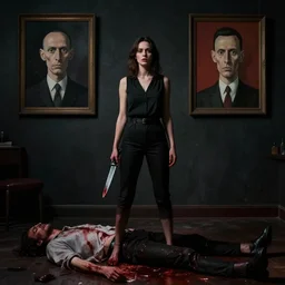 a woman, standing in a dark room. she's holding a knife in one hand, and there's a bloody body at her feet. she's enjoying the chaos she's created, and she's ready to do it again. 8 k, realism, cinematic colours. cinematic lighting, style of francis bacon, style of m. c. escher, style of yves tanguy, style of syd mead, style of zdzisław beksinski, style of chris foss, 8 5 mm f / 1. 8