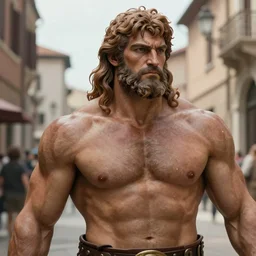 a highly detailed matte painting closeup portrait of a muscular hercules, on a roman street, in the style of greg rutkowski and hans zatzka, digital art, sharp focus, highly realistic, octane render