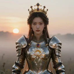 hyperdetailed portrait of beautiful queen's flower armored girl in the mist. by greg rutkowski, highly detailed portrait, digital painting, artstation, concept art, smooth, sharp foccus ilustration, artstation hq. intricate, elegant. art by wlop and artgerm and greg rutkowski and alphonse mucha, masterpiece. medium shot. sunset