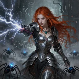 ultra realist and ultra intricate detailed soft painting of a beautiful gothic armored female mage shooting lightnings at luminescent cyber spiders army , thin lustrous long auburn hair, symmetry features, sensual gloomy style, volumetric clouds,  cyberpunk background, artstation,  unreal render, depth of field