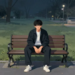 a man sitting on a bench at nigh, stunning digital art
