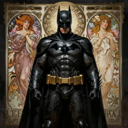 majestic gothic batman black armored sinister man noir movie poster, art style by edmund leighton, tom bagshaw, alphonse mucha, exquisite digital art, haunting, masterpiece, organic painting, photorealistic, ornate and hyper detailed