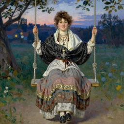 a detailed portrait of a woman sitting on swing, smiling, layered skirts, shawl, scarf, copious jewelry, twilight, painting by gaston bussiere, craig mullins, j. c. leyendecker