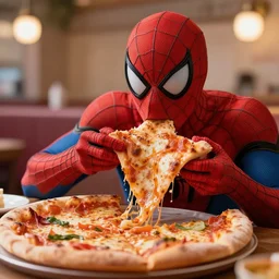spiderman eating pizza nematic, hyper realism, high detail, octane render, 8k, depth of field, bokeh, vibrant