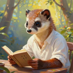 portrait painting of the head is a weasel, the body is a human, wearing a white shirt, sitting on a table reading by wenjun lin, irakli nadar, bright colors, octopath traveler, wenjun lin, unreal engine 5 highly rendered, global illumination, radiant light, detailed and intricate environment