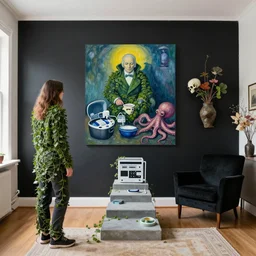 a pathology student in her apartment, wrapped in vines, medical equipment, stepping stones, octopus, skull, black walls, ikebana, black armchair, sculpture, acrylic on canvas, surrealist, by magritte and monet