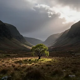 landscape scotland photography, lonely tree, directional light, cinematic, dramatic lighting, mountains, clouds, beautiful, 1 6 mm lens