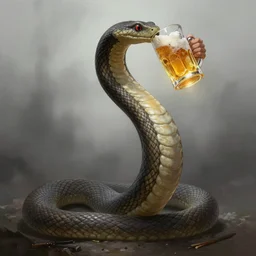 human body snake drinks beer, beer, glass, beer mug in hand, intricate, triumphantly, foggy background, full body art, dark souls, drawing, concept art, artstation, digital painting