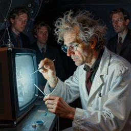 a close - up view of a mad scientist with crazy hair experimenting on a television in a blacklight room, dark glowing laboratory, highly detailed science fiction painting by norman rockwell, tim jacobus, simon bisley, and sanjulian. detailed texture, rich colors, high contrast, gloomy atmosphere, dark background. trending on artstation