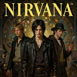 a epic norman rockwell painting of the 4 th nirvana album cover, grunge, deep focus, fantasy, intricate, elegant, highly detailed, digital painting, artstation, concept art, matte, sharp focus, illustration, dark fantasy style art, resident evil, art by artgerm and greg rutkowski and alphonse mucha