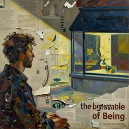 the unbearable lightness of being, painting by shaun tan, detailed, intricate, torn paper decollage, oil on canvas by edward hopper, ( by mattias adolfsson ), by moebius