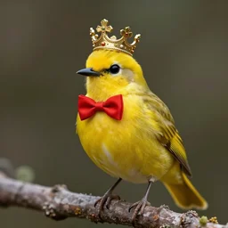 an elegant yellow bird wearing a crown and a red bow tie in the style of Francisco Goya, very very beautiful, romanticism, high quality, detailed, 4k
