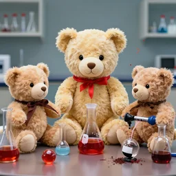 a high quality photograph of teddy bears doing chemistry with dangerous chemicals